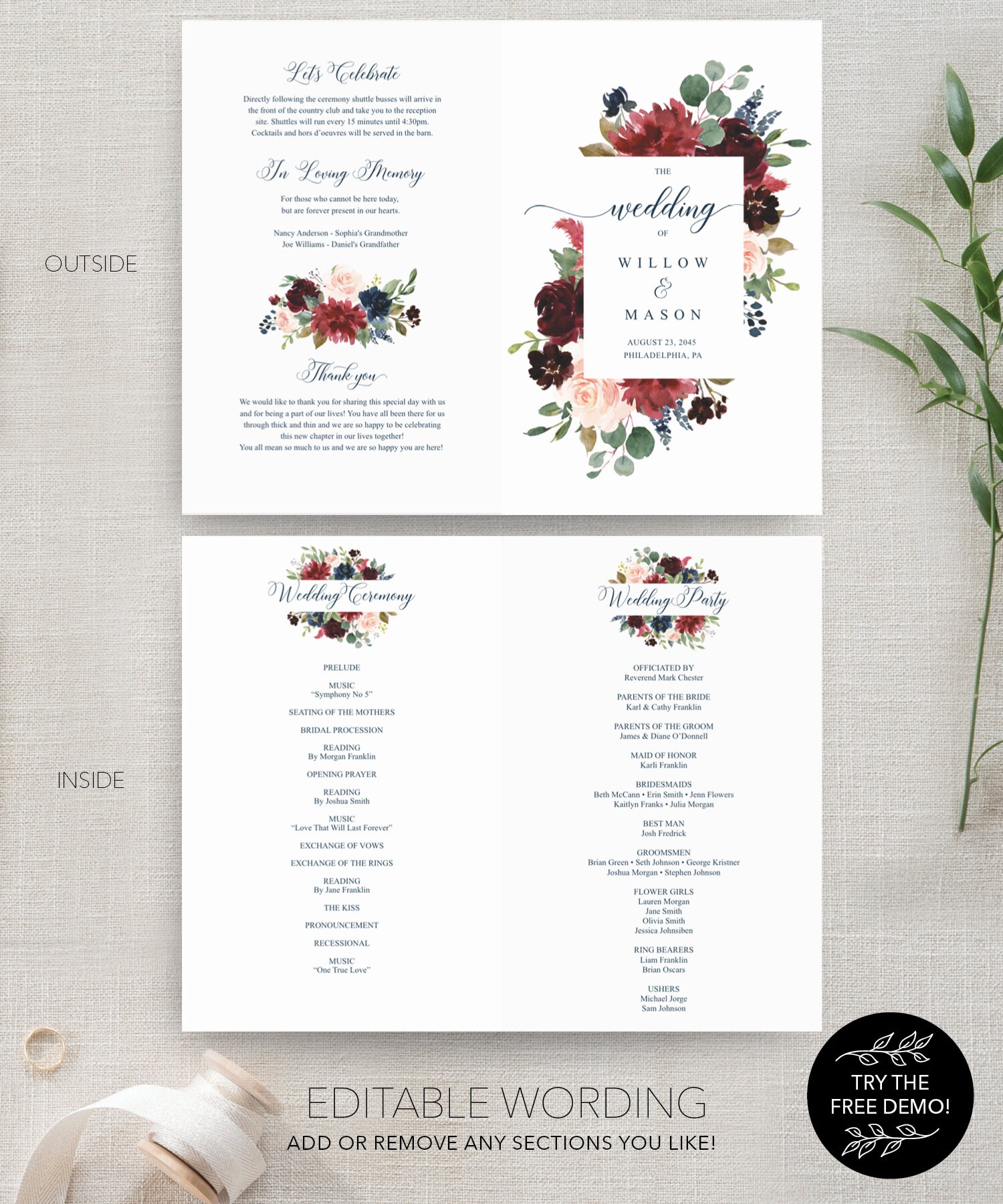 Folded Wedding Program Template, Printable Wedding Program, Editable ...