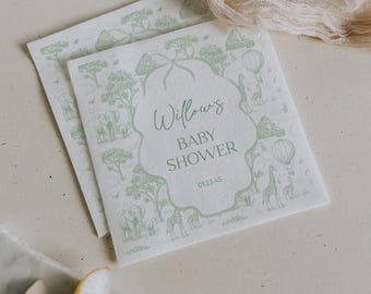 PRINTED & FREE SHIPPING Custom Cocktail Napkins | Safari Baby Shower | Personalized Napkins | Boy Baby Shower Decor | Toile De Jouy | Green