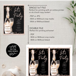 May include: A printable invitation for a 21st birthday party. The invitation features a black background with gold glitter and a bottle of champagne with a glass. The text on the invitation reads "Let's Party" and "Sophia's 21st Birthday".