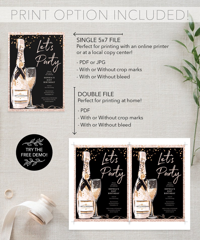 May include: A printable invitation for a 21st birthday party. The invitation features a black background with gold glitter and a bottle of champagne with a glass. The text on the invitation reads "Let's Party" and "Sophia's 21st Birthday".