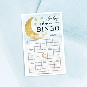 Over The Moon, jongensbabyshowerbingo, 60 unieke speelbladen, blauwe babyshowerspellen, maan en sterren, direct downloaden, afdrukbaar