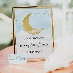 Raad eens hoeveel marshmallows, Over The Moon-babyshower, baaishowerversieringen, babyshowerspel, hoeveel kussen, snoeppotspel, ster