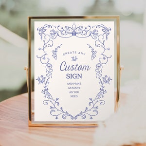 Modello di cartello nuziale personalizzato modificabile Something Blue, bomboniere, Mimosa Bar, cartelli da tavolo stampabili, porcellana blu, bridal shower toscano, floreale