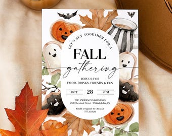 May include: A fall-themed invitation with the text "Fall Gathering" surrounded by illustrations of pumpkins, ghosts, and fall leaves. The invitation includes the date, time, and location for the event.