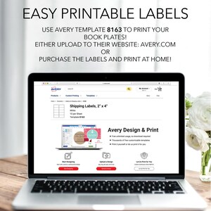 May include: A laptop computer displaying the Avery website with a screenshot of a template for 2" x 4" shipping labels. The text on the screen reads "Shipping Labels, 2" x 4", "White", "10 per Sheet", "Template 8163", and "Avery Design & Print".