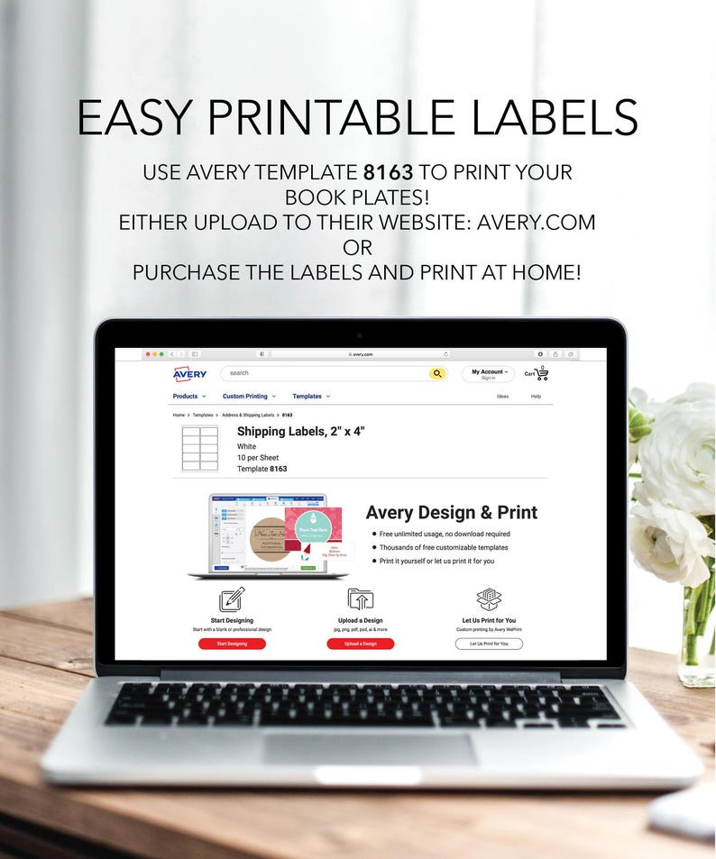May include: A laptop computer displaying the Avery website with a screenshot of a template for 2" x 4" shipping labels. The text on the screen reads "Shipping Labels, 2" x 4", "White", "10 per Sheet", "Template 8163", and "Avery Design & Print".
