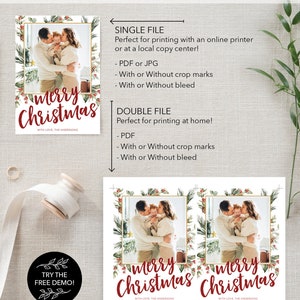 May include: Christmas card design featuring a family photo within a gold frame, surrounded by festive greenery. The words "Merry Christmas" are written in red script. Options for single or double file printing are listed.