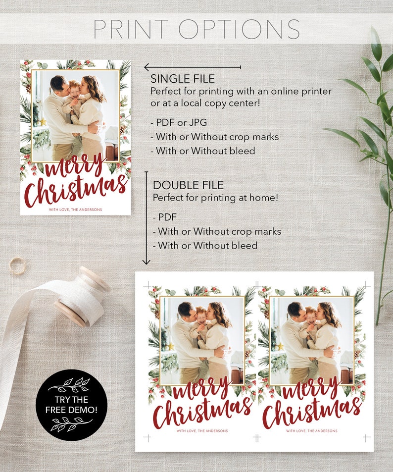 May include: Christmas card design featuring a family photo within a gold frame, surrounded by festive greenery. The words "Merry Christmas" are written in red script. Options for single or double file printing are listed.