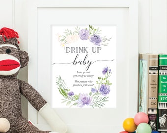 Bottle Chug Baby Shower Sign - 8x10 Printable Sign - Baby Shower Games - Drink Up - Chugging Game - Baby Shower Game - Pastel Purple