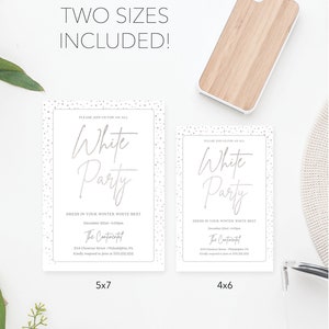 K&ouml;nnte beinhalten: Zwei Einladungen f&uuml;r eine White Party, eine 5x7 Zoll und eine 4x6 Zoll, mit silbernem Text und einem gepunkteten Rand. Die Einladungen enthalten den Text "White Party" und Veranstaltungsdetails. Eine Handyh&uuml;lle aus Holz ist ebenfalls vorhanden.