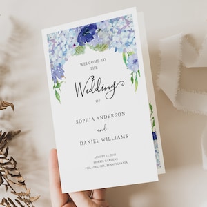 Hydrangea Folded Wedding Program Template, Printable Wedding Programs, Wedding Programs, Floral, Catholic Ceremony, Vintage Blue Hydrangeas