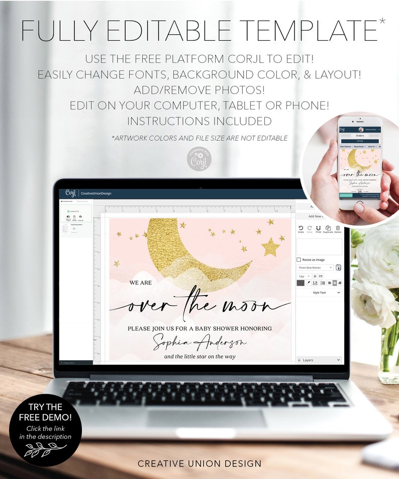 May include: A laptop screen displaying a pink and gold baby shower invitation template with a crescent moon and stars. The text on the invitation reads "We are over the moon. Please join us for a baby shower honoring Sophia Anderson and the little star on the way."