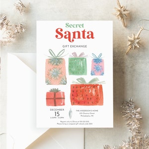 May include: A white invitation card with the words "Secret Santa" in red and green. The card features watercolor illustrations of wrapped gifts in various colors. The date and time of the gift exchange are also included.