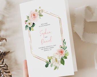 Floral gefaltete Hochzeitsprogramm Vorlage, druckbare Hochzeitsprogramme, Hochzeitsprogramme, katholische Zeremonie, Luftiges Blush, Rosen, Grün, Gold