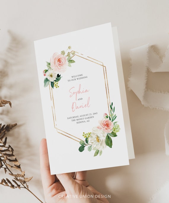 Floral Folded Wedding Program Template, Printable Wedding Programs