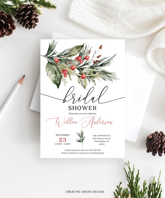 Elegant Watercolor Christmas Bridal Shower Invitation Template, Printable, Editable, December