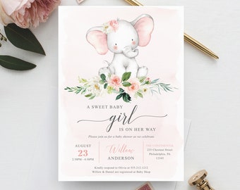 Invitación para baby shower de niña con elefante, invitación imprimible para baby shower, invitaciones editables para baby shower de niña, elefante rosa, floral, rubor
