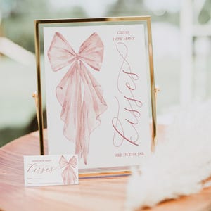 Modèle de jeu Combien de baisers, jeu de baby shower bohème, jeu de bisous, enseigne et cartes, noeud rose aquarelle, baby shower de fille, combien de bonbons