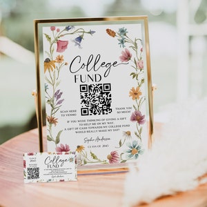 College Fund QR-code tekensjabloon, QR-code College Fund insteekkaart, afdrukbare College Fund invoegen, afstuderen, afstuderen teken, wilde bloem