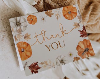 Plantilla de tarjeta de agradecimiento plegable para baby shower con diseño de calabaza para otoño. Tarjeta de agradecimiento plana minimalista con diseño de calabaza.