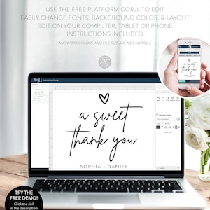 K&ouml;nnte beinhalten: Ein Laptop-Bildschirm zeigt eine digitale Designvorlage f&uuml;r eine Dankeskarte. Das Design zeigt den Text "a sweet thank you" mit einem Herzen &uuml;ber dem Text und den Namen "Sophia + Daniel" darunter. Die Vorlage wird mit der Plattform Corjl bearbeitet.