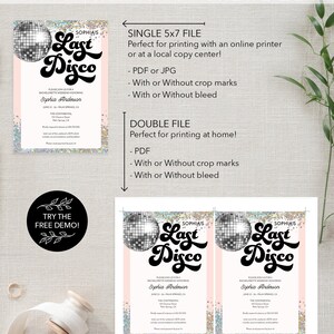 May include: A printable invitation for a bachelorette party with a disco ball theme. The invitation features a pink and white background with silver glitter and the text "Sophia's Last Disco".