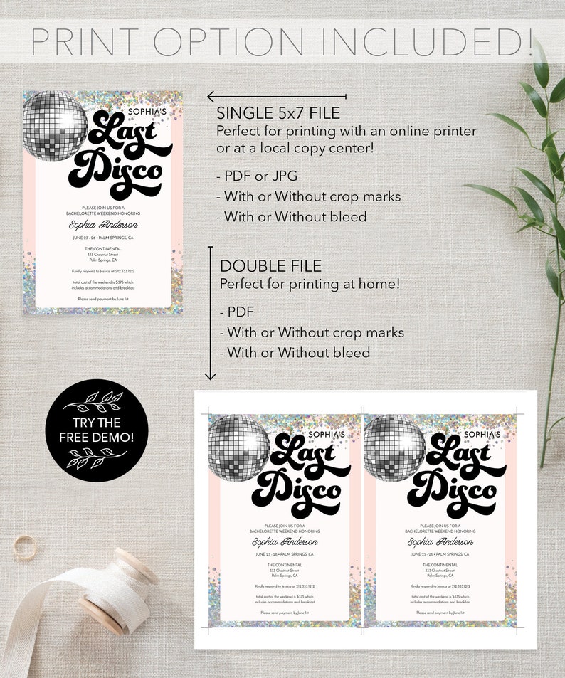 May include: A printable invitation for a bachelorette party with a disco ball theme. The invitation features a pink and white background with silver glitter and the text "Sophia's Last Disco".