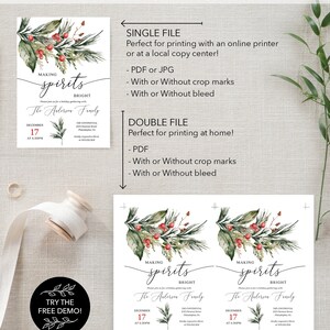 Pu&ograve; includere: Invito per una festa natalizia con elementi floreali ad acquerello e bacche rosse. Il testo recita "Making Spirits Bright" e include la data, l'ora e il cognome. Le opzioni di stampa sono elencate come file singolo o doppio.
