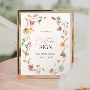 Modello di cartello nuziale personalizzato modificabile Wildflower Field, bomboniere, Mimosa Bar, cartelli da tavolo stampabili, Boho Bridal Shower, giardino, fiori di campo