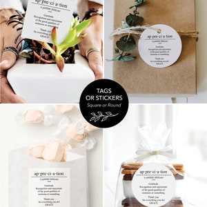 May include: Four different gift packages with brown paper and clear cellophane bags. Each package has a round white sticker with the text "appreciation" and a description of the word. The text on the sticker reads: "Gratitude. Recognition and enjoyment of the good qualities of someone or something. Thank you for everything you do! GRACE."