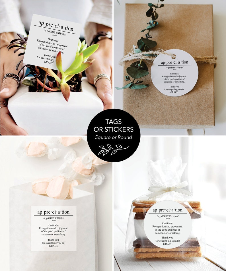 May include: Four different gift packages with brown paper and clear cellophane bags. Each package has a round white sticker with the text "appreciation" and a description of the word. The text on the sticker reads: "Gratitude. Recognition and enjoyment of the good qualities of someone or something. Thank you for everything you do! GRACE."