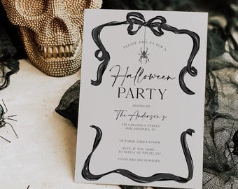 Black Bow Halloween Party Invitation Template, Costume Party, Editable Printable, Halloween Birthday Party Invite, Spider Web, Hand Drawn