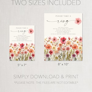 May include: Two printable game cards featuring a floral background with a ring in the center. The text on the cards reads "Please take a ring" and includes instructions for a game. The cards are available in two sizes: 5 inches by 7 inches and 8 inches by 10 inches.