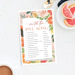 Match the Movie with the Love Song, Bachelorette Party Games, Printable Bachelorette Game, Lemon Bridal Shower, Download, Tropical Citrus