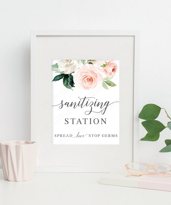 2 Sizes Sanitizing Station Sign INSTANT DOWNLOAD Spread Love Not Germs Sign Navy /& Blush Pink Floral Shower Sign