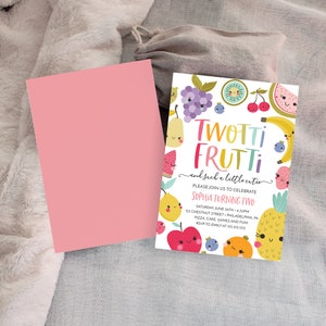 May include: A colorful invitation for a child's second birthday party. The invitation features a cartoon illustration of fruit with faces and the text "Twotti Frutti and such a little entie". The invitation also includes the child's name, Sophia, the date and time of the party, and the address.