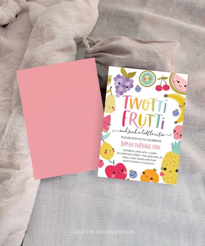 May include: A colorful invitation for a child's second birthday party. The invitation features a cartoon illustration of fruit with faces and the text "Twotti Frutti and such a little entie". The invitation also includes the child's name, Sophia, the date and time of the party, and the address.