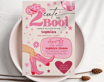 Convite para Festa de Aniversário de 2 Anos com Tema Cowgirl Rosa, Festa Cowgirl Disco Rosa, Festa de Aniversário com Tema Rodeio, Duas Fofas, Duas Fofas, Botas