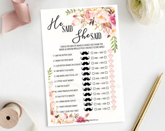 He Said She Said Shower Game - Antique Rose Bridal Shower Game - Wedding Shower - Floral - Print at Home - Instant Download - Bride & Groom