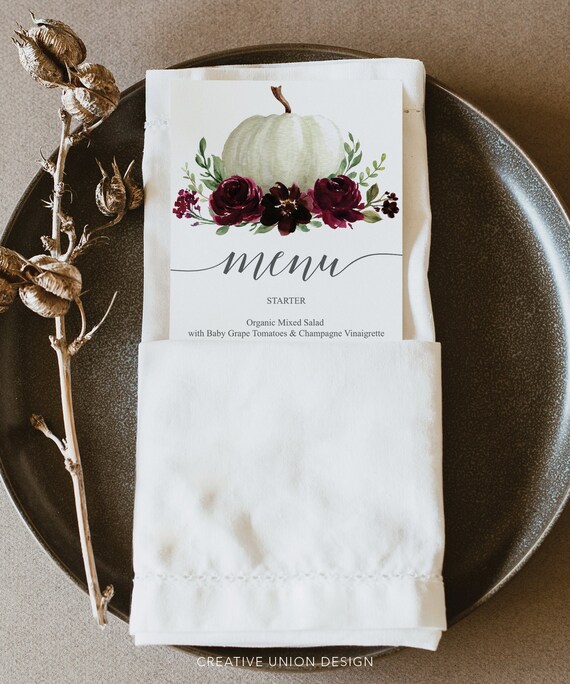 Thanksgiving Menu Template, Fall Menu, Printable Thanksgiving Menu, Fall Wedding Menu, Thanksgiving Decorations, Download, Burgundy Pumpkin Il_570xn