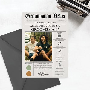 Modelo de cartão de jornal para padrinhos, cartão de informações para festa de casamento, infográfico, cartão de proposta para padrinhos, cartão de você será meu padrinho