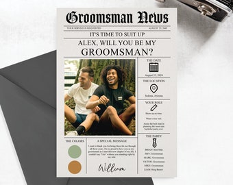 Kaartsjabloon stalknecht krant, informatiekaart bruiloftsfeest, infographic, kaart stalknecht voorstel, kaart Will You Be My Groomsman