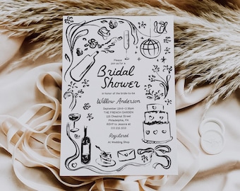 Hand Drawn Bridal Shower Invitation Template, Bridal Shower, Wedding Shower, Whimsical Bridal Shower Invite, Editable Invite, Custom Bridal