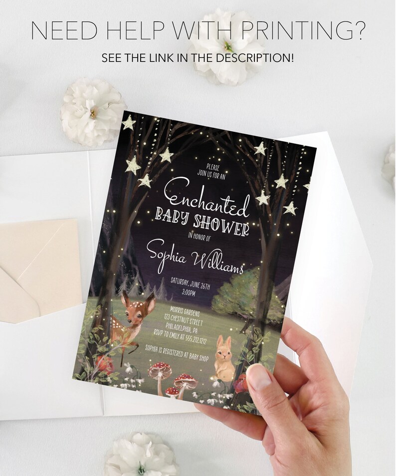 May include: A baby shower invitation with a dark blue background featuring a whimsical forest scene with glowing stars, a deer, a rabbit, and mushrooms. The text reads "Please join us for an Enchanted Baby Shower in honor of Sophia Williams, Saturday, June 26th, 3:00PM, Morris Gardens, 123 Chestnut Street, Philadelphia, PA, RSVP to Emily at 555.212.00, Sophia is registered at Baby Shop."