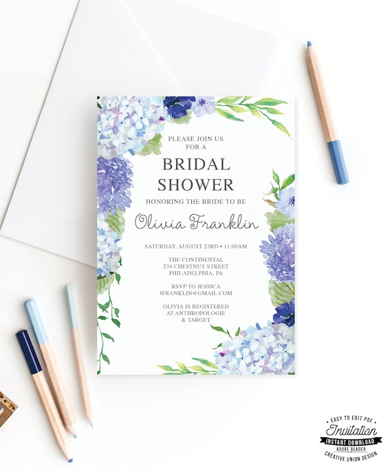 Hydrangea Bridal Shower Invitation - Wedding Shower Invitation - Blue ...
