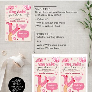 May include: A printable invitation for a bachelorette party with a pink and white color scheme. The invitation features a woman wearing cowboy boots and a pink cowboy hat. The text on the invitation reads "She Said Yee Haw" and "Please join us for a bachelorette weekend celebrating Sophia Anderson".