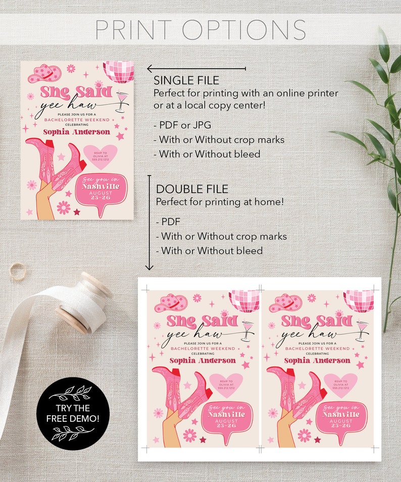 May include: A printable invitation for a bachelorette party with a pink and white color scheme. The invitation features a woman wearing cowboy boots and a pink cowboy hat. The text on the invitation reads "She Said Yee Haw" and "Please join us for a bachelorette weekend celebrating Sophia Anderson".