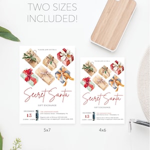 May include: Two Secret Santa gift exchange invitation cards in 5x7 and 4x6 sizes. The cards feature watercolor illustrations of wrapped presents, the text "Secret Santa," "December 15," and event details including "The Anderson's Home."