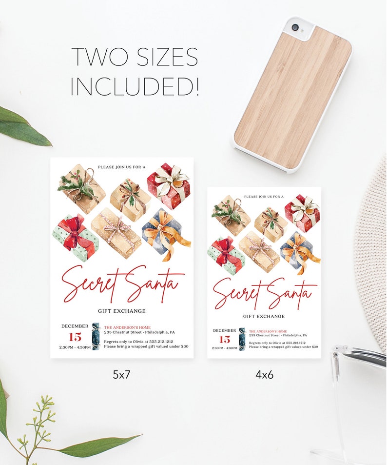 May include: Two Secret Santa gift exchange invitation cards in 5x7 and 4x6 sizes. The cards feature watercolor illustrations of wrapped presents, the text "Secret Santa," "December 15," and event details including "The Anderson's Home."