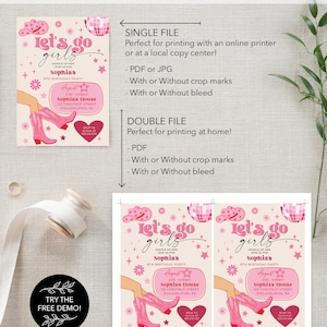 Plantilla de invitación para fiesta de cumpleaños de vaquera rosa, fiesta de vaquera disco rosa, cumpleaños de rodeo, fiesta de cumpleaños para niña, ¡Vamos chicas!, cualquier edad imagen 6